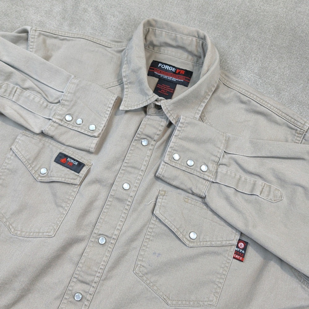 Forge FR Work Shirt Mens 2XLT Tan Flame Resistant Western Pearl Snap Long Sleeve